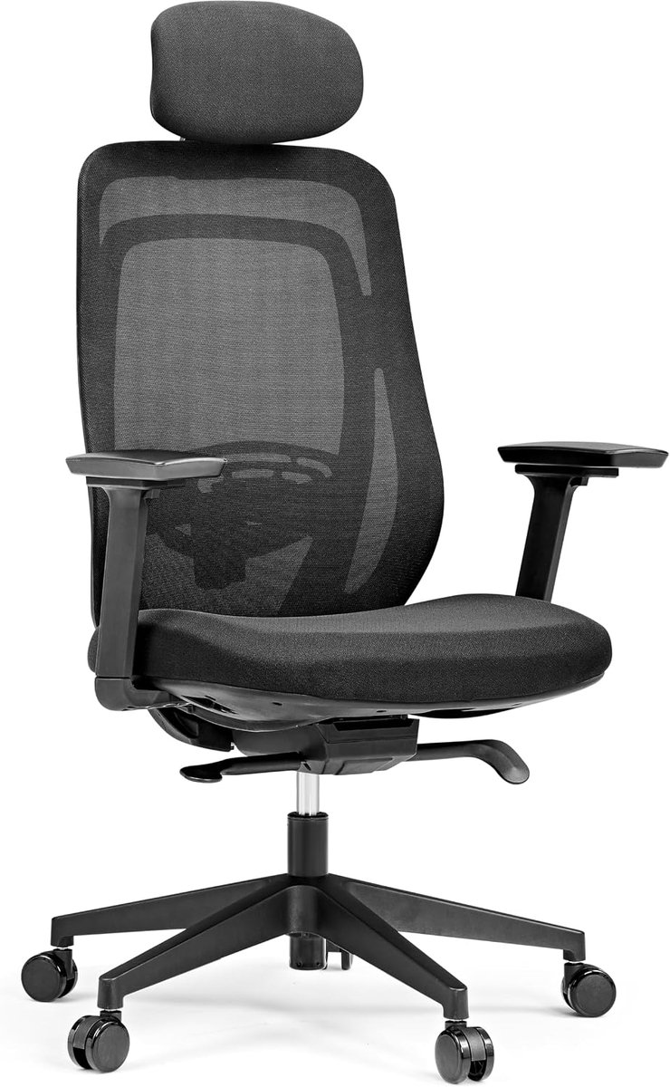 Hjh OFFICE Professionele bureaustoel Vivadapt – ergonomische draaistoel met verstelbare hoofdsteun, 3D-armleuningen, verstelbare zitdiepteverstelling, synchroonmechanisme, zwart