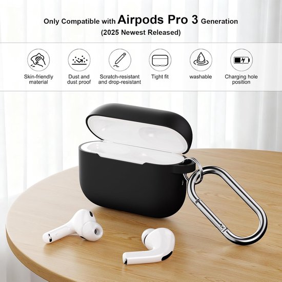Hoes compatibel met AirPods Pro 3e generatie, beschermende siliconen hoes voor AirPods Pro 3 2025, schokbestendige beschermhoes met reinigingspen en karabijnhaak (zwart/paars) - 2 stuks — afbeelding 4
