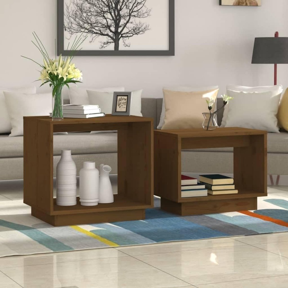 Woonkamertafel salontafel woonkamerdecoratie zettafels 2 stuks. Honingbruin massief grenen voor woonkamer, kantoor, slaapkamer