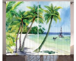 ABAKUHAUS Tropisch Gordijnen, Landschap Strand Boat op Shore Zomer Kust Aquarelkunst, 2-delige gordijnset voor woonkamer en slaapkamer, 280