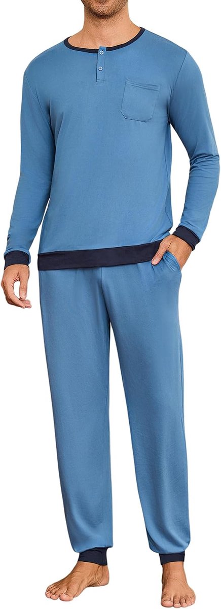 Pyjama voor heren, lang, met manchetten, contrasterende kleuren, katoenen pyjamaset, lange mouwen, nachtkleding, S-4XL