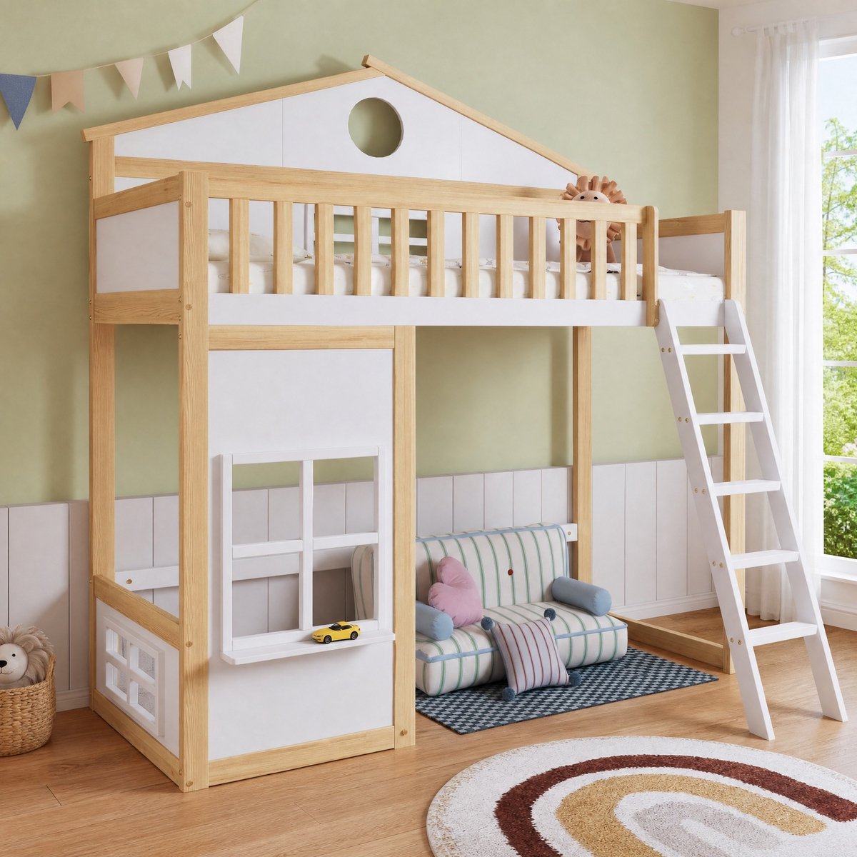 WUVRIE Stapelbed huisbed 90x200 cm met trap, dak, ramen en veiligheidshekken, wit/naturel