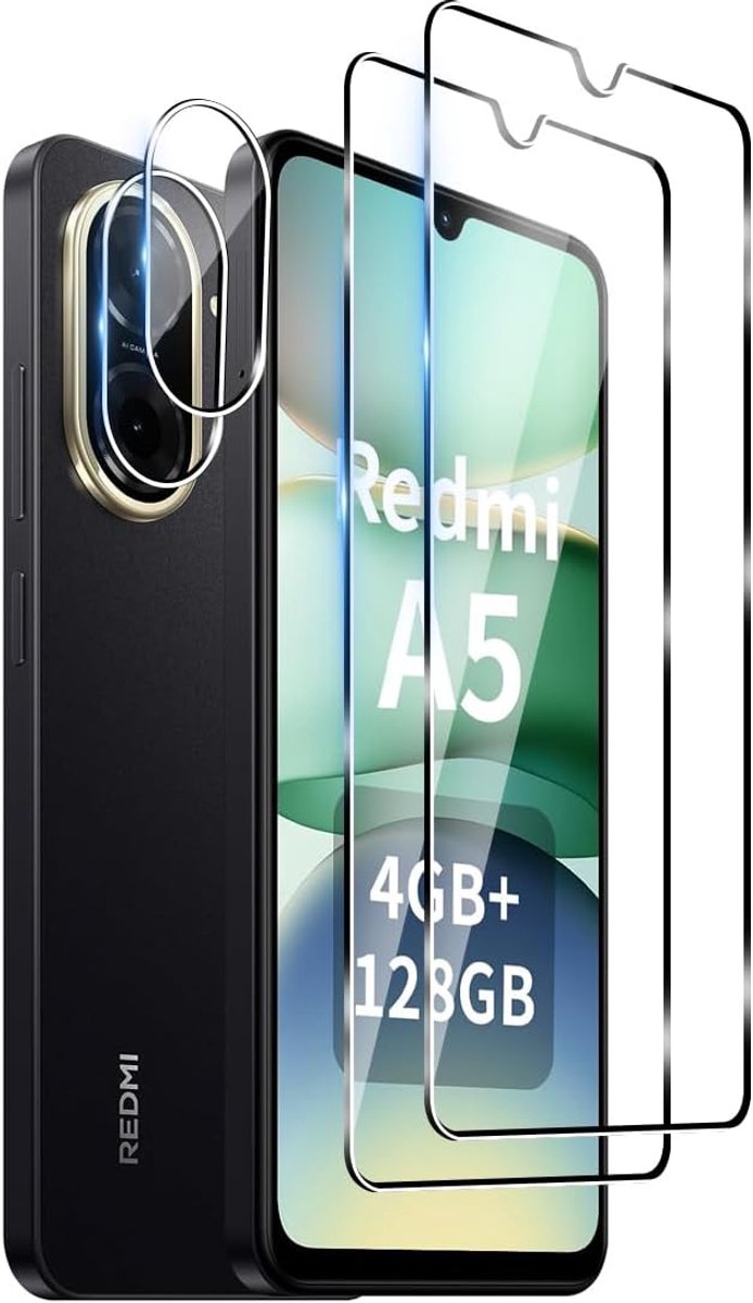 Beschermfolie voor Xiaomi Redmi A5 4G pantserglas, 2 stuks beschermfolie + 2 stuks camerabeschermfolie, 9H hardheid, krasbestendig, anti-luchtbellen, HD heldere displaybescherming