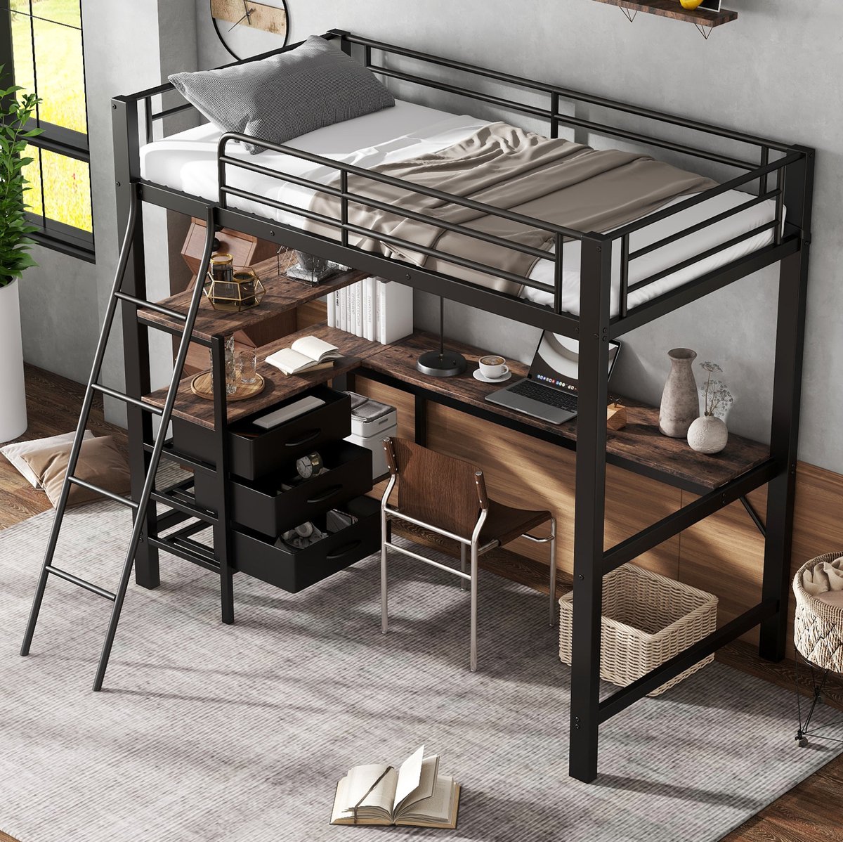 WUVRIE Stapelbed 90x200 cm met bureau, 3 lades, 4-treeds ladder en veiligheidshekken, zwart/donker walnoot