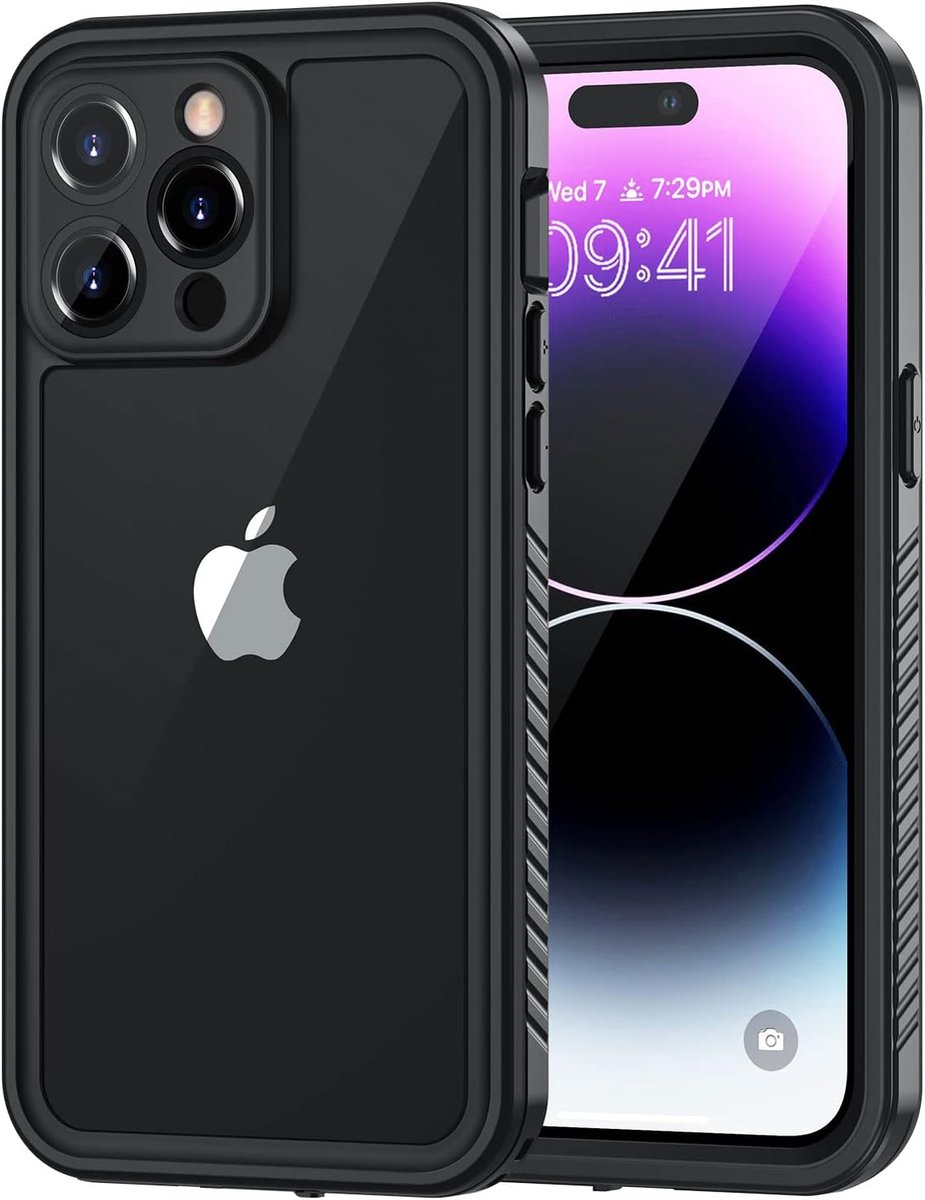 Hoes voor iPhone 14 Pro (6,1 inch), IP68 waterdicht, 360 graden volledige beschermhoes, stootvast, stofdicht, outdoor pantserhoes met ingebouwde displaybescherming, zwart