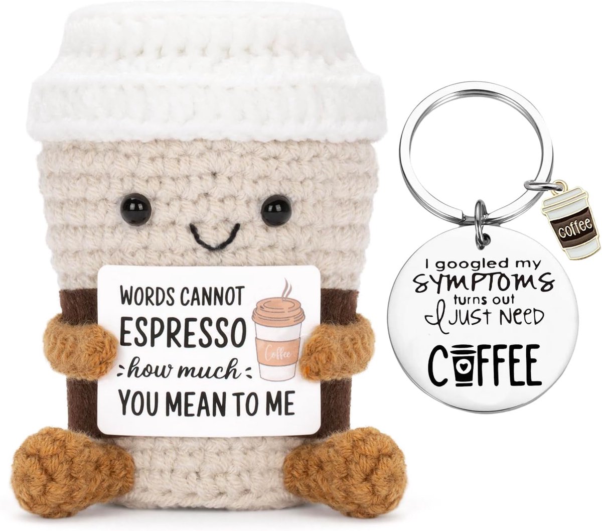 positieve koffie, emotionele ondersteuning gehaakte pop met kaart, charme sleutelhanger, aanmoediging cadeau, koffieliefhebbers verjaardagscadeaus voor haar, hem, vriend, collega