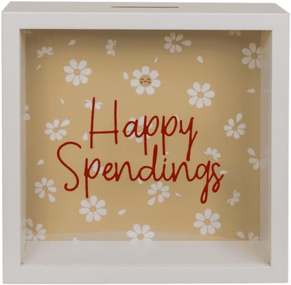 Spaarpot van hout, spaarpot munten Happy Spendings (20 x 20 x 5 cm).