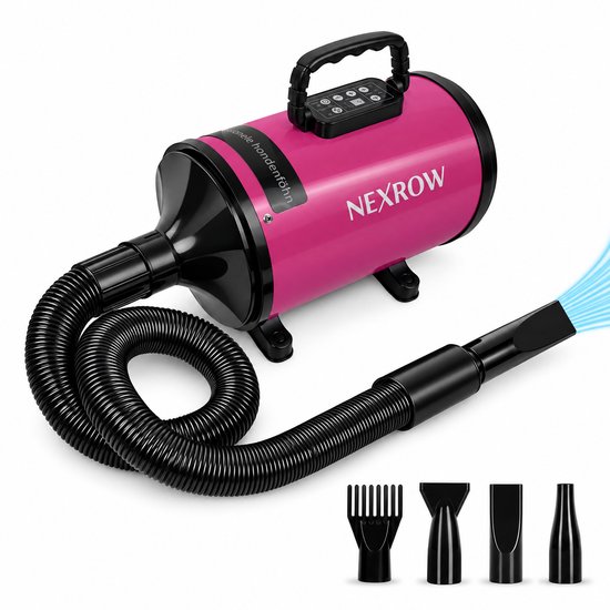 Roze NEXROW hondenföhn met zwart flexibel handvat, LCD-display en vier verschillende opzetstukken.