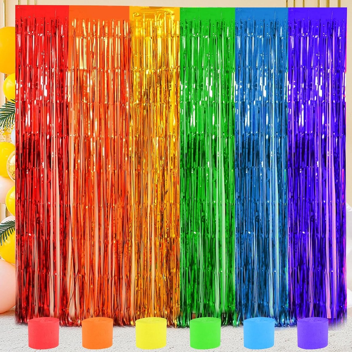 4Stk Gordijn van Regenboogfranjes (1 x 2 m) + 6 Rollen Crêpepapier