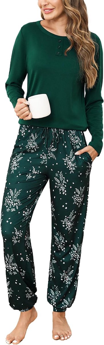 Damespyjama van katoen, lange mouwen, met zak, herfst, winter, bedrukte broek met manchetten