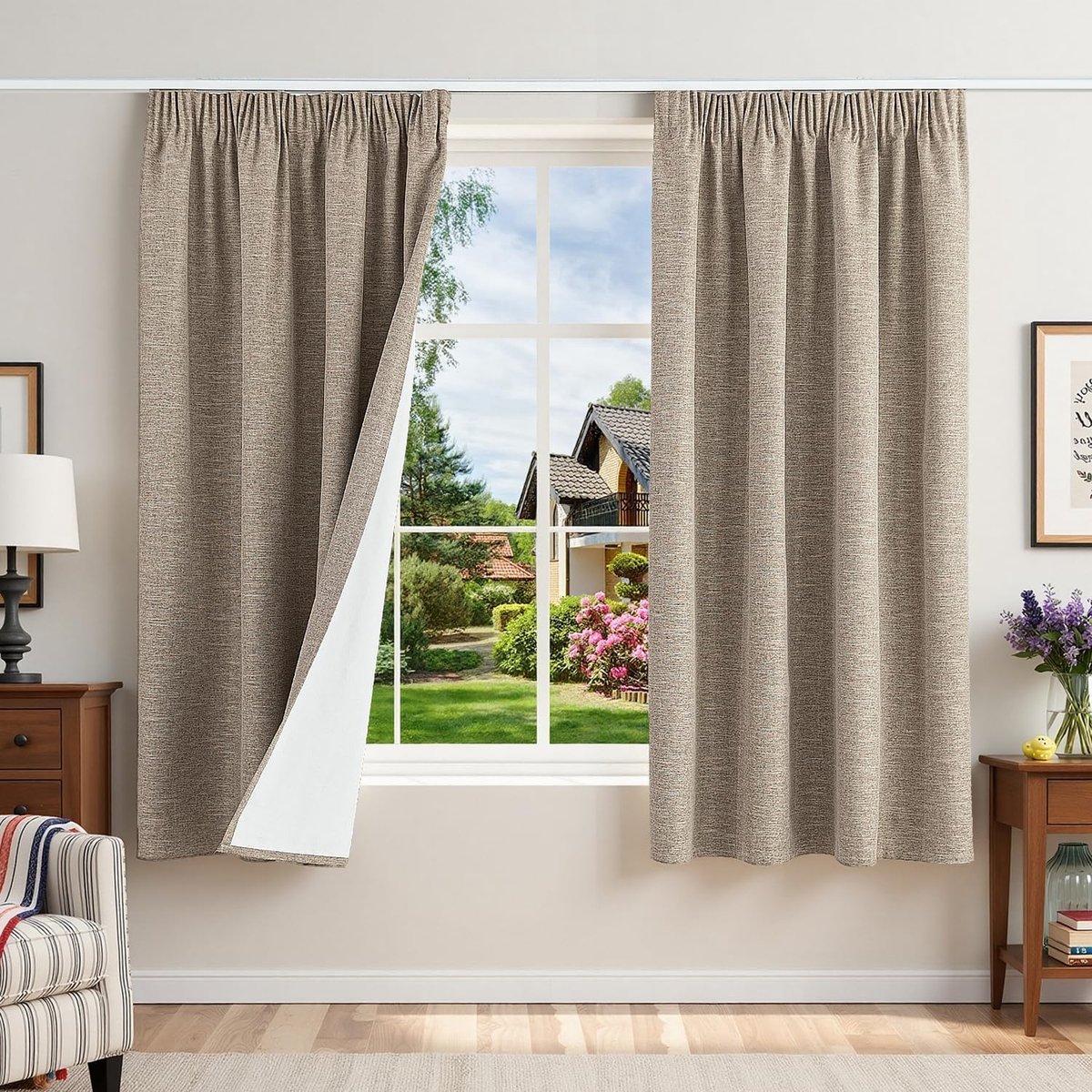 100% ondoorzichtige gordijnen met plooiband, linnenlook, verduisteringsgordijnen, 160 x 140 x 2 stuks, linnen, thermische gordijnen, koudebescherming, woonkamer, verduisteringsgordijn