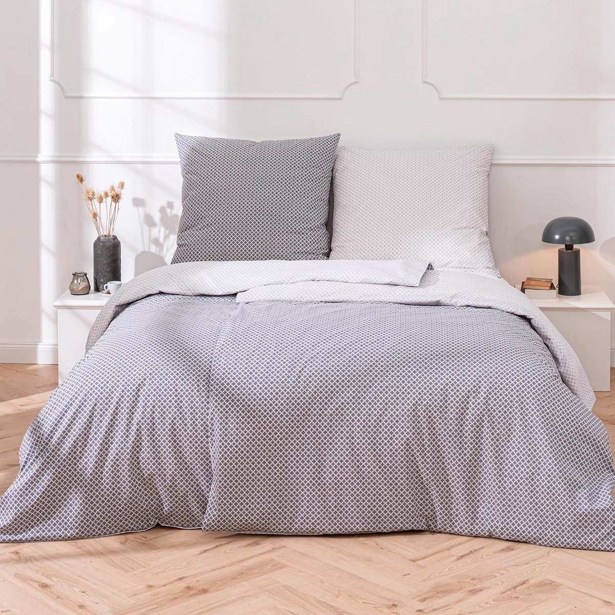 Beddengoed 155 x 220 cm, katoen, kussensloop 80 x 80 cm, omkeerbaar beddengoed, zilvergrijs, voor tieners en volwassenen, slaapkamerset, ritssluiting (155 x 220 cm)