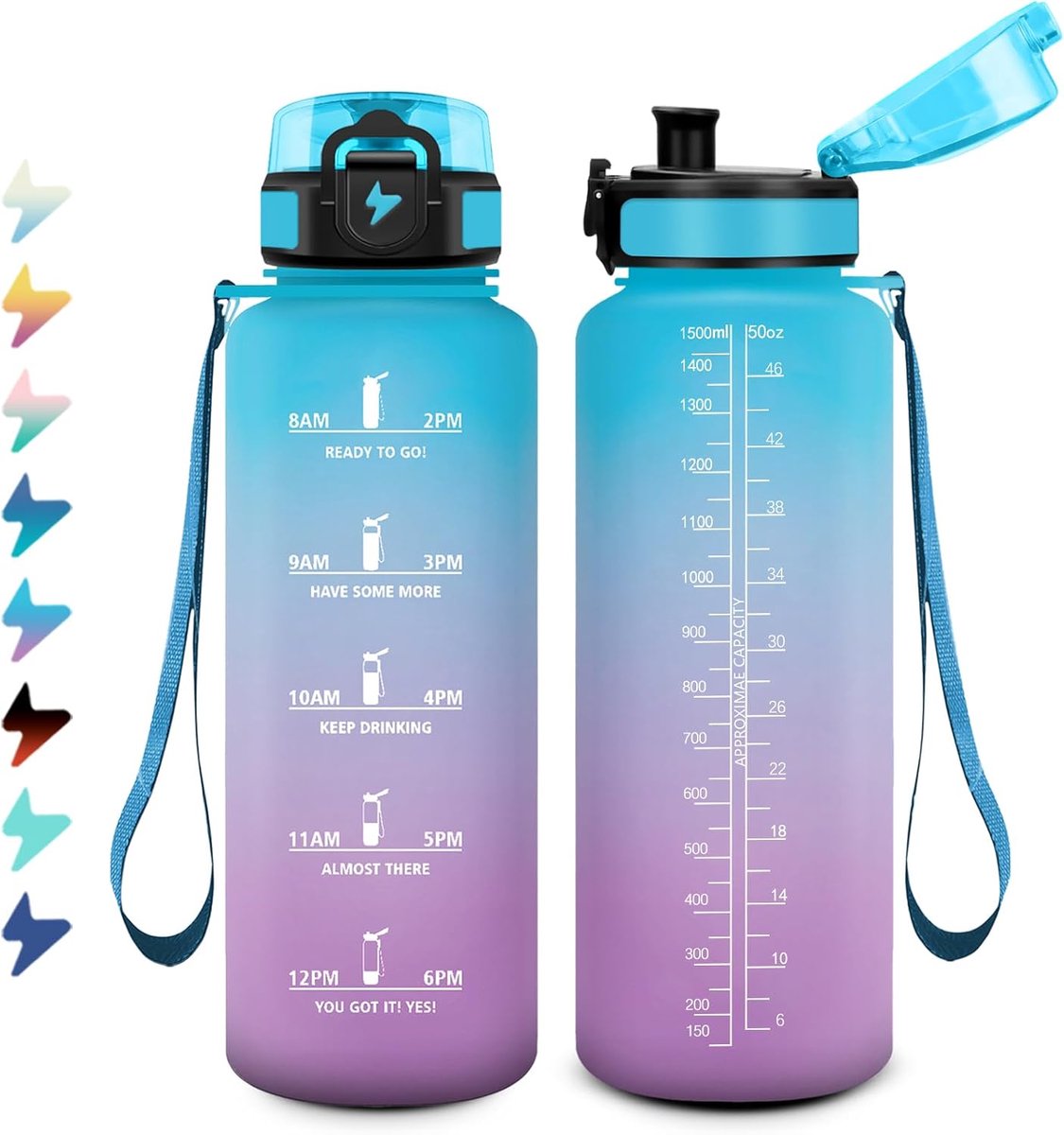 1,5 l, motiverende waterfles met tijdmarkering, sportwaterfles met filter, lekvrij, geschikt voor koolzuurhoudende dranken, sportfles voor fietsen, klimmen, sportschool