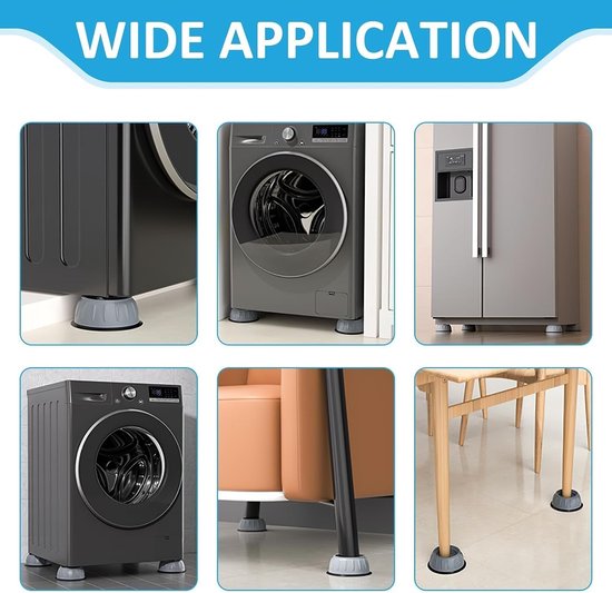 4 stuks anti-trillingspads voor wasmachine, groot formaat, geluidsreductie, antislip, verhoogd, bescherming van vloeren en apparaten, geschikt voor poten van 47 mm, eenvoudige installatie — afbeelding 3