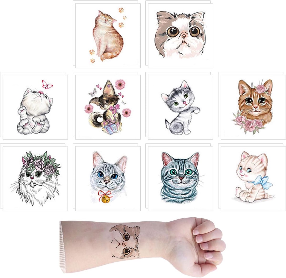 20 cartoon-kattentattoostickers, dierentatoo-stickers, tijdelijke tatoeages voor kinderen, creatieve tatoeagestickers, schattige tattoostickers, geschikt voor verjaardagsfeesten, cosplay