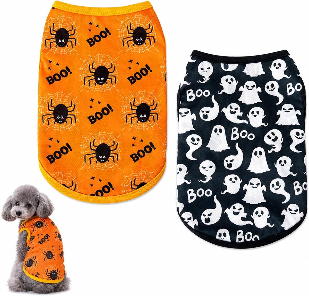 Halloweenkostuum voor honden, set van 2 huisdiershirts met vleermuis, spin, skelet en geest, ademend hondenshirt voor feestjes en dagelijks gebruik