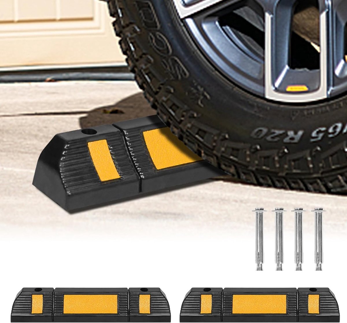 Parkeerplaatsbegrenzing, 2 stuks, wielstopper voor garage, rubberen parkeerblokkering, garage, parkeerhulp incl. expansieschroef & reflecterende strips