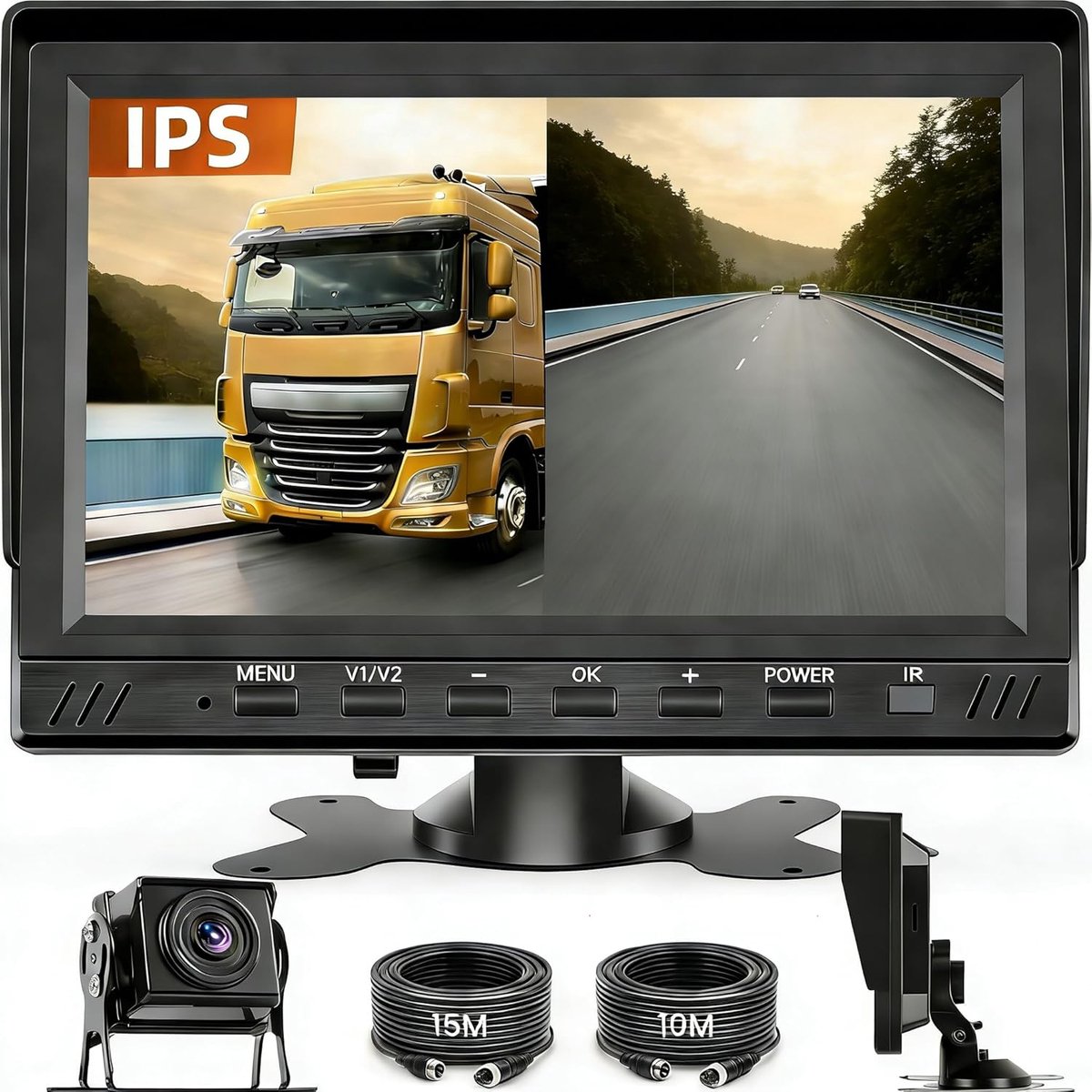 12-36V Digitale Achteruitrijcamera*2 Monitor Set，7 Inch 1080P IPS Monitor IP68 Waterdicht Nachtzicht Achteruitrijcamera DIY Parkeerleidraad voor Campers, Aanhangers en Vrachtwagens