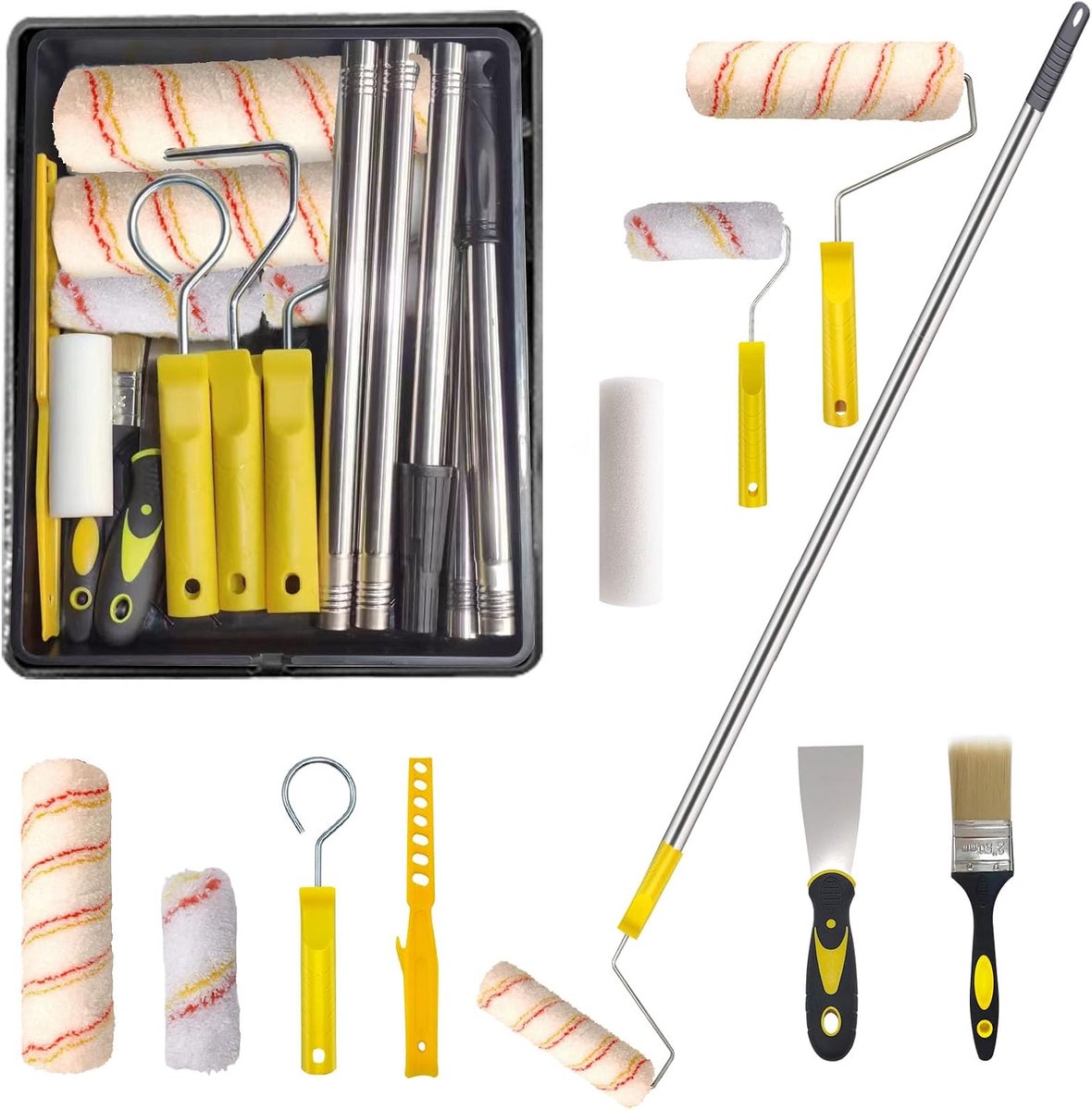 Verfrollerset, verfrollers en dienbladenset met verlengstang, inclusief verfbak, borstel, grote en mini-rollen en mouwen, verfmixer, schraper, wasrek, voor het schilderen van muren