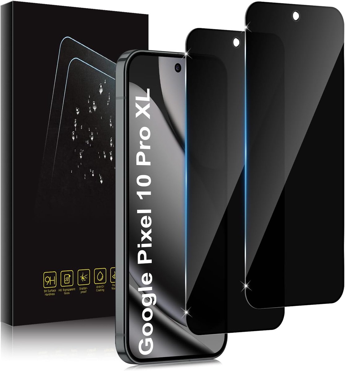 Beschermfolie voor Google Pixel 10 Pro XL, beschermfolie voor pantserglas, 2 stuks, 9H hardheid, anti-spy, privacy, privacyfolie, zwarte rand, privacy beschermglas