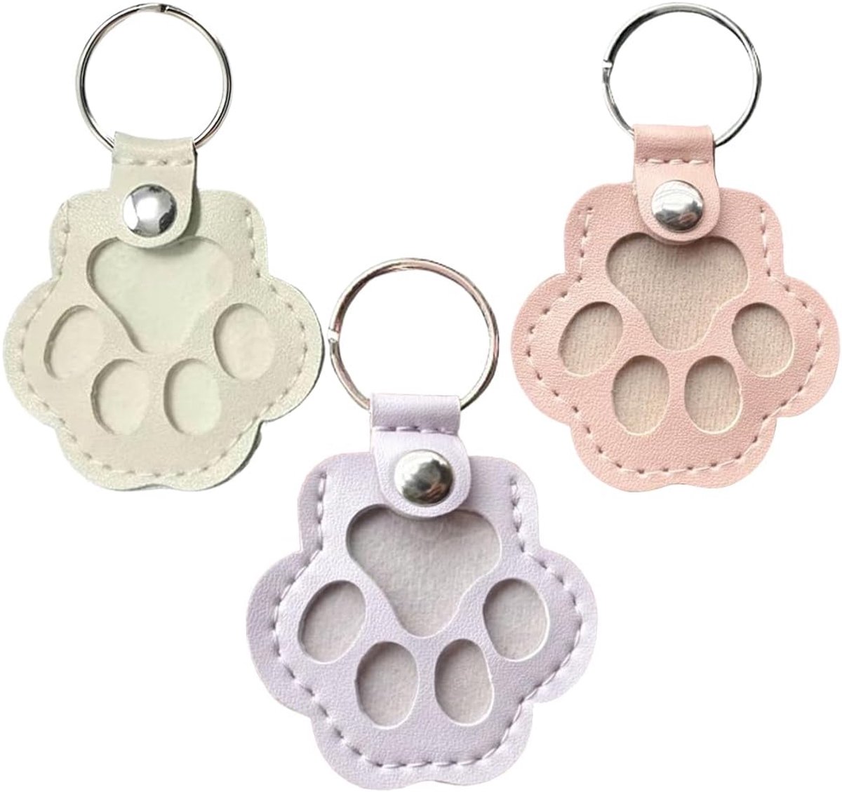 3 x kattensleutelhangers van leer in pootvorm voor het opbergen van dierenharen, unieke herinneringsdoos met drukknop