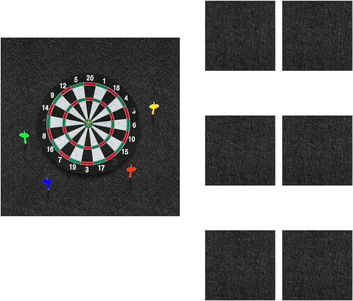 Muurbescherming, vilten dartbord muurbescherming, zelfklevende dartborden omranding, gesplitst, dartboard achterkant, vierkant, voor backboard muurbescherming, zwart, 6 stuks