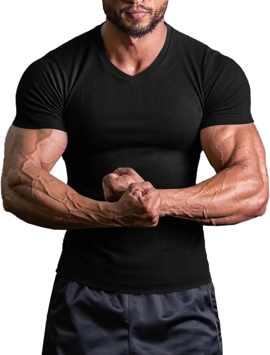 Cmdr Heren Slim Fit V-hals Korte Mouw Spier Shirts Workout Atletische Gym Bodyduilding Ondershirts Casual Geribbelde Top
