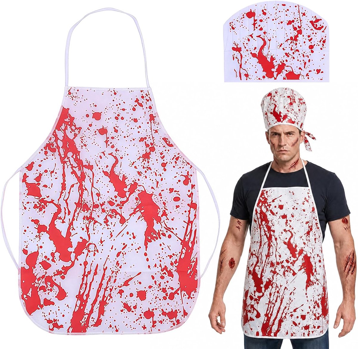 2 stuks Halloween schort wit met bloedvlekken, witte hoed met bloedvlekken, accessoires slager kostuum heren dames, voor zombie kostuumfeest, met 5 littekentatoeages