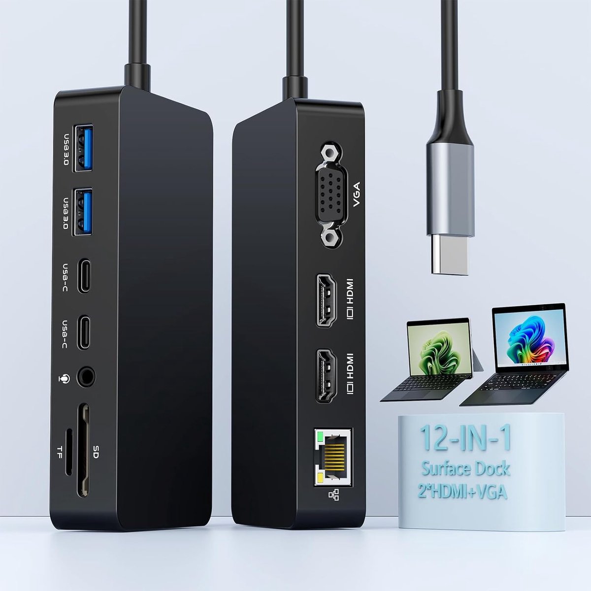 Surface Thunderbolt 4 Dock met 100W voeding - 12 in 1 Surface Pro docking station met dubbele HDMI+VGA voor Surface Pro 11/10/9/8/X/7+, Surface Laptop, Surface Go - 2 jaar garantie