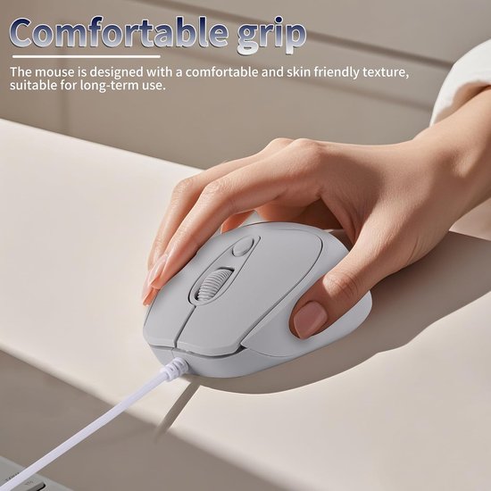 Optische USB-C muis, 1,2 m kabel, instelbare DPI 1600/1200/800, elegant 4-knops design met USB-C-aansluiting, stil en ergonomisch voor MacBook, laptop, iPad, Surface, smartphones, grijs — afbeelding 2