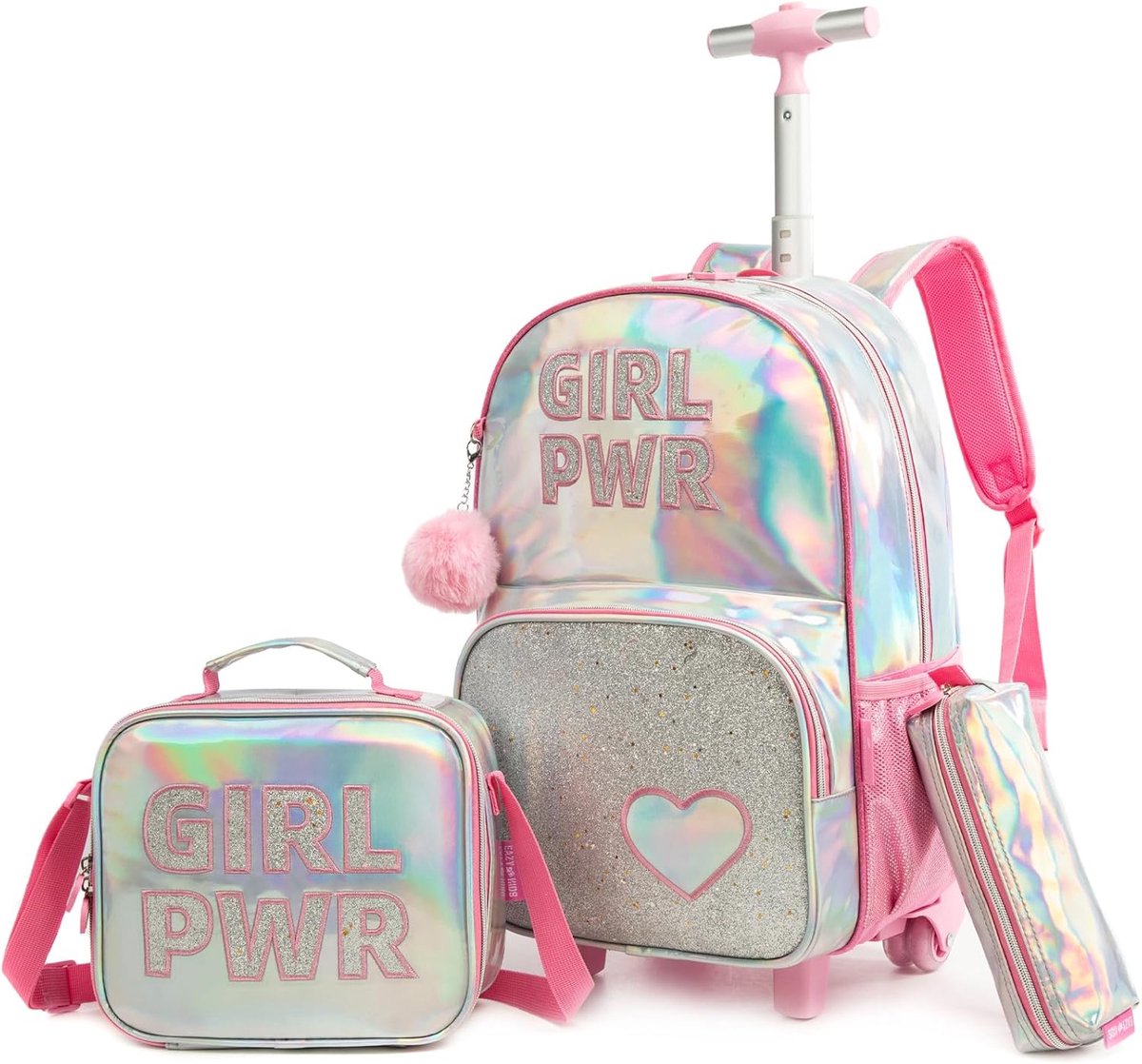 Kinderrugzak met wieltjes, kinderkoffer voor meisjes, voor schooltrolley, Pink-0123-pigegp, 17inch