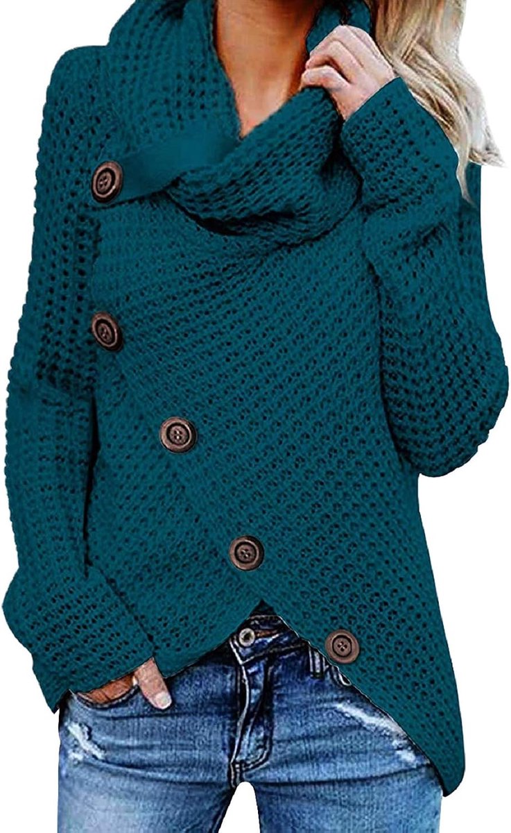 Gebreid damesvest, warm, oversized, rolkraag, grof gebreid, wintertrui, lange outwear, casual, sweatshirt, asymmetrisch bovenstuk, S-XL