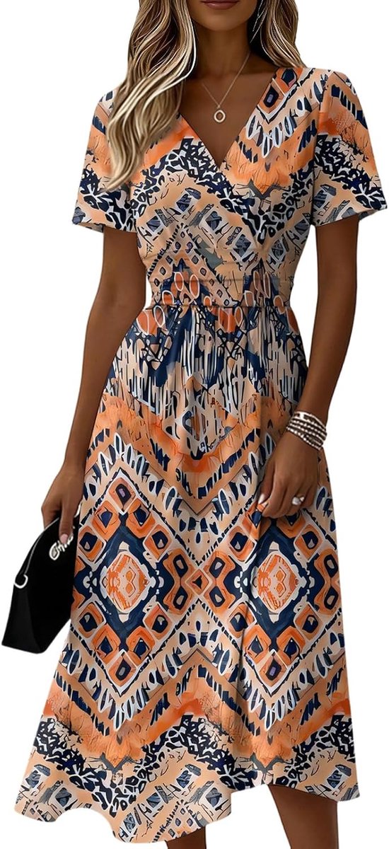 Kleider Damen Sommer Lang Tailliert Sommerkleid Damen Elegant Midi Kleid A Linie Festlich Curvy Sommerkleider Leicht Und Luftig Midikleid Frauen V Ausschnitt Kurzarm Strandkleid