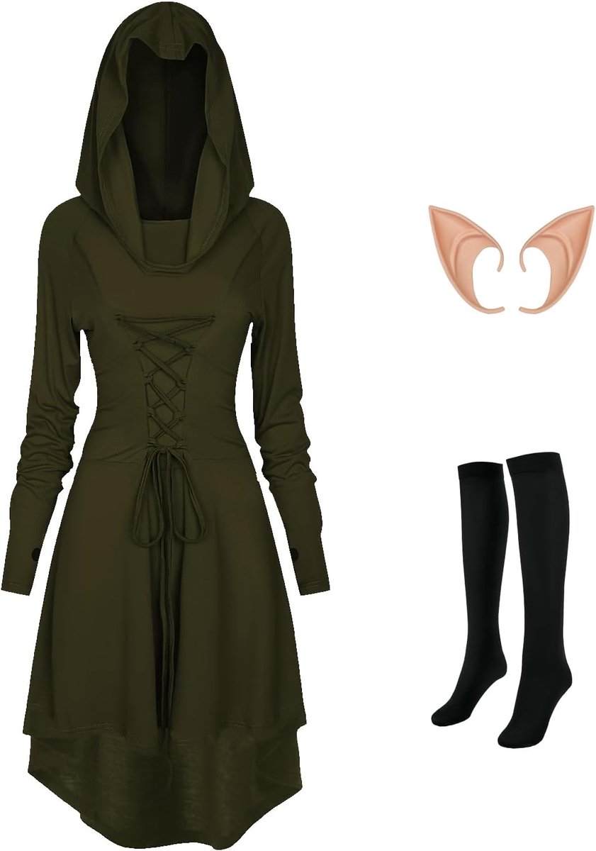 jurk voor dames, middeleeuwse kleding, retro jurk met capuchon, bijpassende kousen en oorbellen, renaissance-jurk voor Halloween