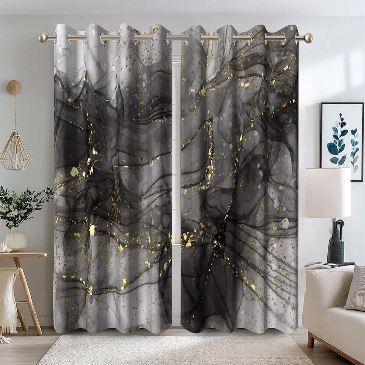 117x229cm Grijs Marmer Verduisterende Gordijnen voor Woonkamer Luxe Grijs met Gouden Textuur Venster Decoratieve Gordijnen Ruisonderdrukking Moderne Lichtblokkerende Gordijnen 2 Panelen