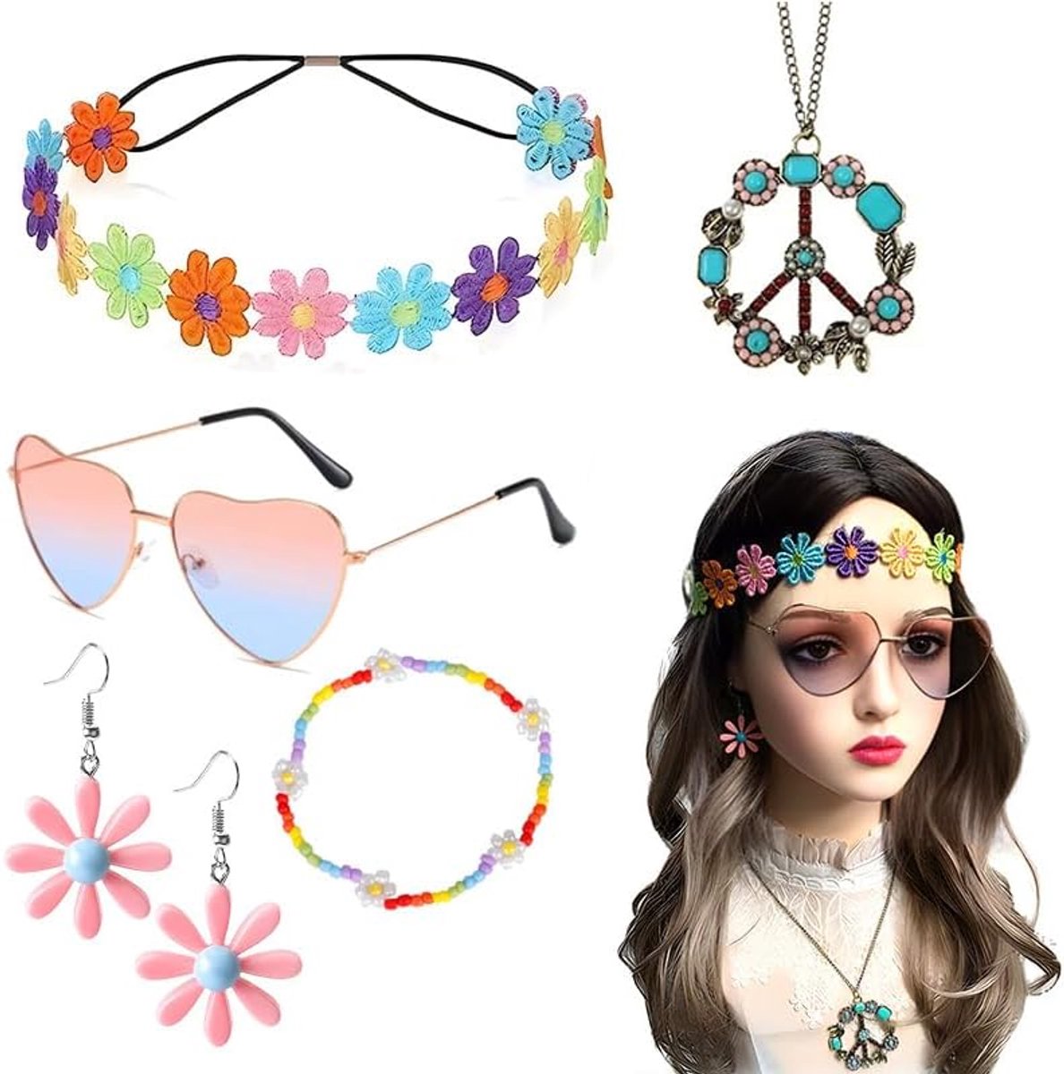 5-delige hippiekostuumset, 60 en 70 stuks, bevat hippiestijl, zonnebrillen, halsketting, hoofdbanden, armbanden en 2 oorringen voor themafeestjes of Halloween