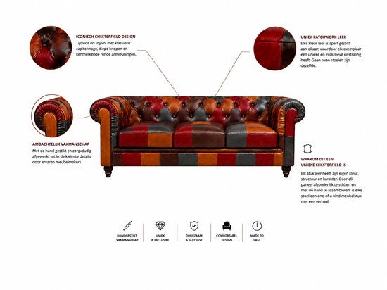 Een Chesterfield bank met knopen en patchwork panelen in rood, oranje, bruin en grijs leer.