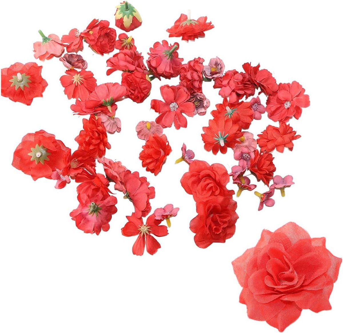 50 stuks gemengde rode kunstbloemhoofdjes van 2-5 cm, kunstzijden bloemen voor knutselprojecten, bruiloften en huisdecoratie.