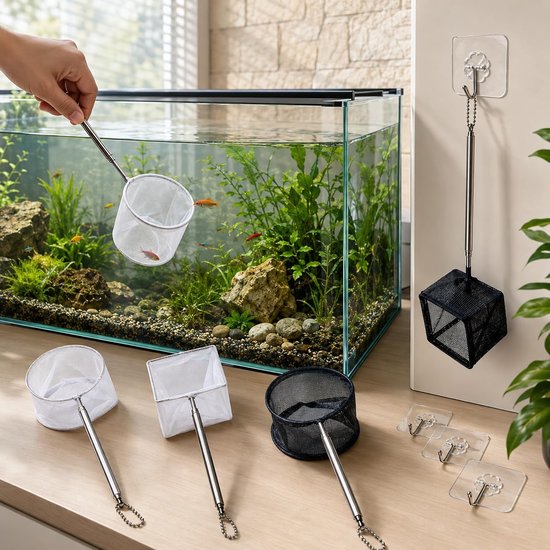 4 stuks aquarium schepnet set met 4 haken, rond en vierkant visnet met telescopische roestvrijstalen handgreep 13-39 cm voor garnalen, kleine vissen en reiniging — afbeelding 4