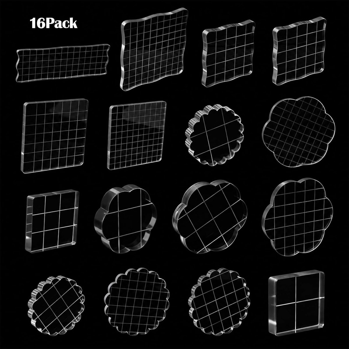 16 stuks acryl stempelblokken set, acryl blokken stempelset met rasterlijnen, transparant acrylblok stempels stempelblokken voor scrapbooking, kaarten maken, knutselen