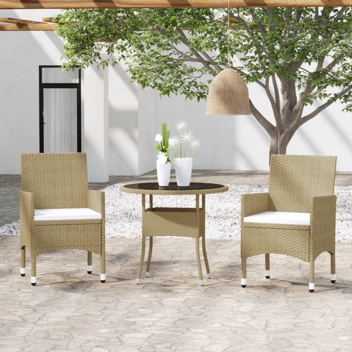 3-delig. Tuineetset Poly rotan beige met gepoedercoat stalen frame en gehard glazen tafelblad, dik gevoerde kussens voor maximaal 110 kg per stoel