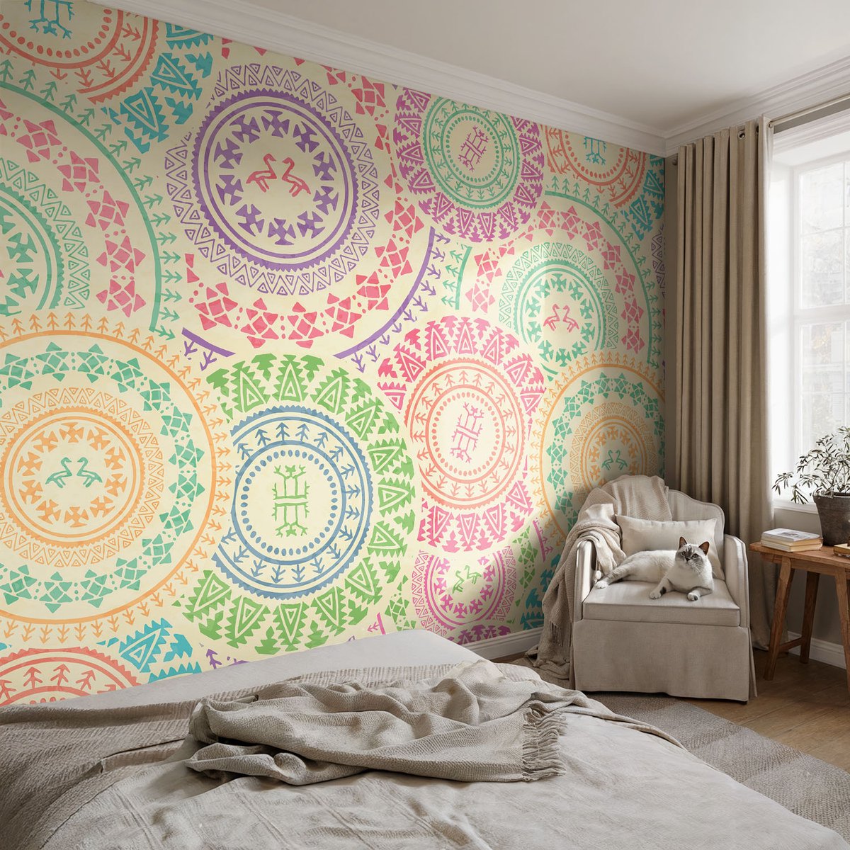 Coloray Vliesbehang - Beige Snellijm Behang - 104x70 cm - Kleurrijke Mandala'S Muurschildering - Slaapkamer behang Achtergronden En Patronen - Fotobehang Vlies - Slaapkamer behang