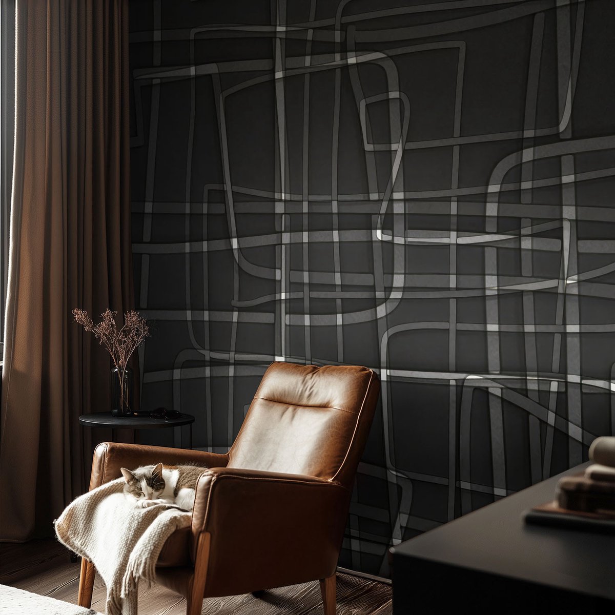 Coloray Vliesbehang - Zwart Snellijm Behang - 104x70 cm - Abstracte Lijnen Fotobehang Vlies - Hal behang Abstractie - Muurschildering - Woonkamer behang