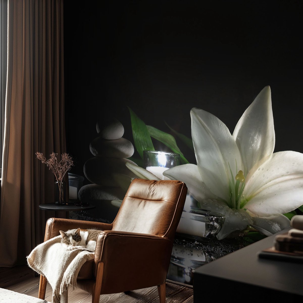 Coloray Vliesbehang - Zwart Snellijm Behang - 152x104 cm - Ontspannende Scène Muurschildering - Gang behang Bloemen En Planten - Fotobehang Vlies - Slaapkamer behang