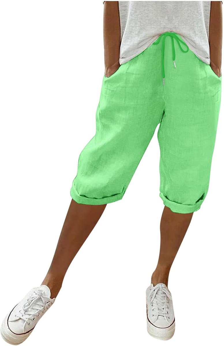 Linen damesbroek, zomer, knie lang, korte broek, licht en luchtig, hoge taille, elastisch, effen, strandbroek, casual.