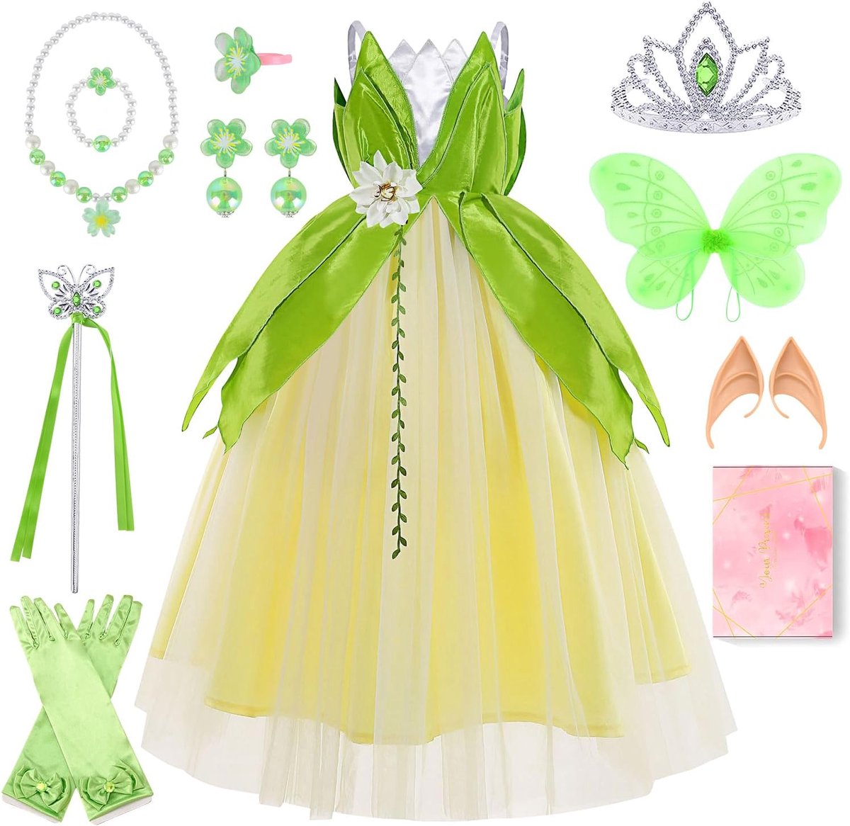 kostuum voor meisjes, prinsessenkostuum voor kinderen, met prinsessenkroon, feeënvleugels, toverstaf en accessoires, ideaal voor verjaardag, carnaval en Halloween, 3-8 jaar
