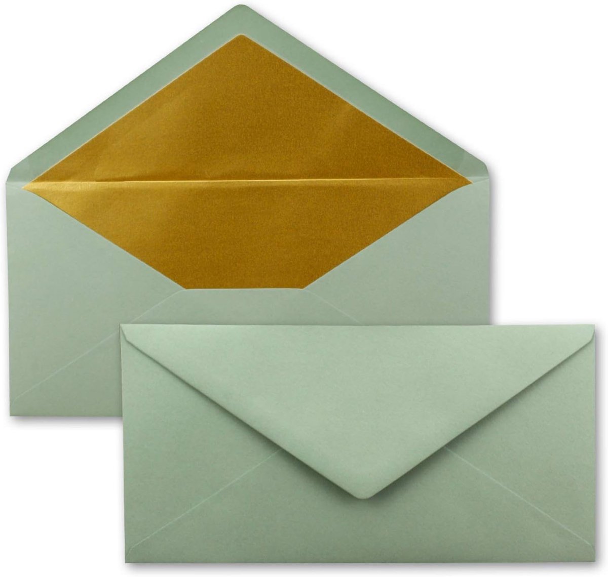 50 enveloppen DIN lang - eucalyptus (groen) met goud-metallic binnenvoering - 110 x 220 mm - nat lijmen - feestelijke enveloppen voor Kerstmis