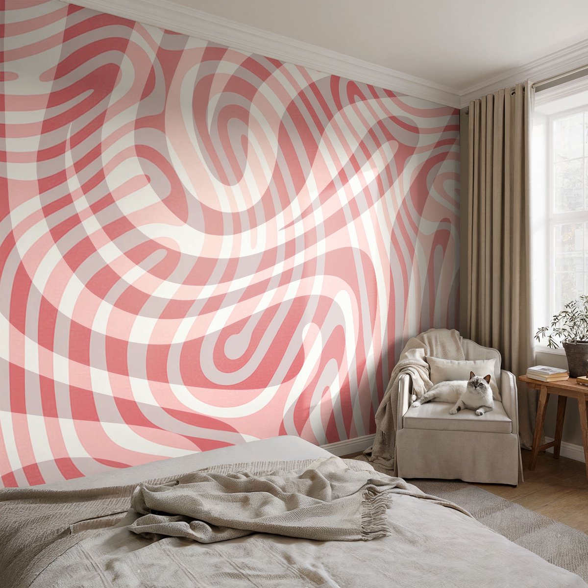 Coloray Vliesbehang - Rood Snellijm Behang - 104x70 cm - Golvende Lijnen Fotobehang Vlies - Woonkamer behang Abstractie - Muurschildering - Woonkamer behang