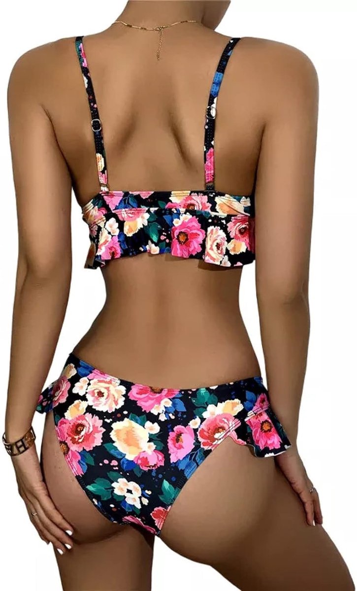 Bikini voor dames, badpak, bloemenprint, strandkleding, spaghettibandjes, ruches, gevoerde bikini-tops + zwembroek