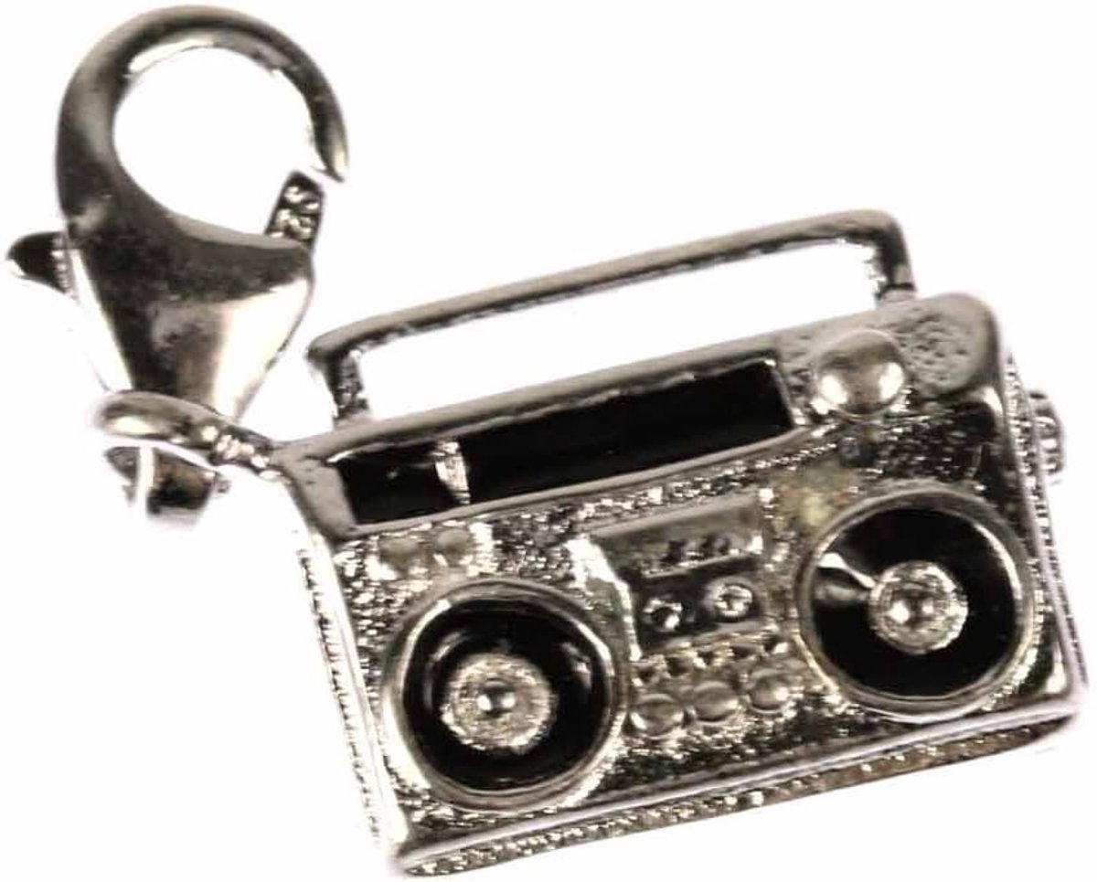 Ghettoblaster recorder charm cassetterecorder mixtape muziek - handgemaakte modesieraden I kettinghanger verzilverd - bedelarmband - hanger voor armband, 14mm, Katoen, Geen edelsteen